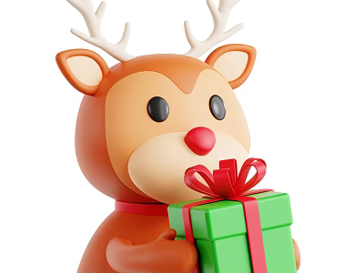 Cute Brown Reindeer Decorative Ornament Set With Green Gift Box And Red Bow 3d model