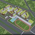 School Building Complex Featuring Green Roofs Classroom Buildings Sports Field Surrounded By Trees And Roads