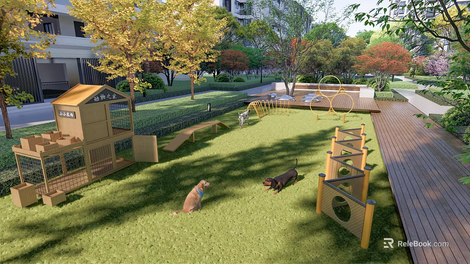 Outdoor Pet Playground With Green Lawn Wooden Dog House Agility Obstacles And Playing Dogs 3d model 