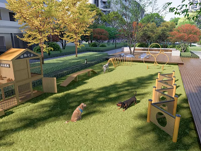 Outdoor Pet Playground With Green Lawn Wooden Dog House Agility Obstacles And Playing Dogs 3d model