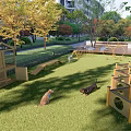 Outdoor Pet Playground With Green Lawn Wooden Dog House Agility Obstacles And Playing Dogs