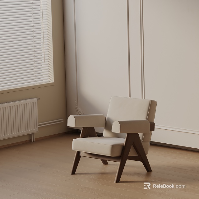 Beige Accent Chair With Wooden Frame In Neutral Interior With Window Blinds 3d model 