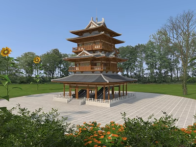 Ancient Wooden Pagoda With Multi Layered Roof In Green Lawn Trees Flowers And Blue Sky 3d model