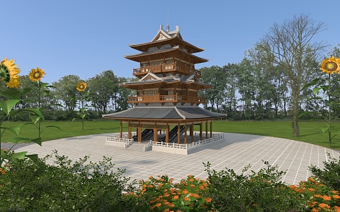 Chinese ancient building garden pavilion rest pavilion rest stool park sign 3d model