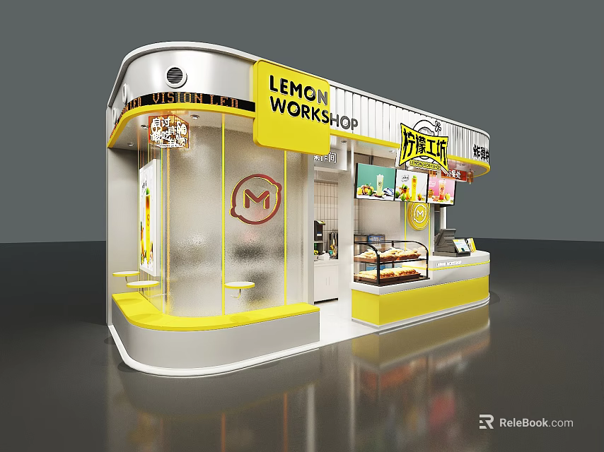 Lemon Workshop Milk Tea Shop With Yellow And White Design Transparent Glass Counter Display Area 3d model 