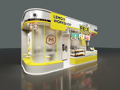 Lemon Workshop Milk Tea Shop With Yellow And White Design Transparent Glass Counter Display Area 3d model