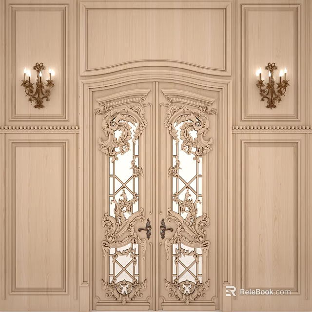 Light Wooden Double Doors With Intricate Carved Decorations And Brass Candelabra Style Wall Sconces 3d model 