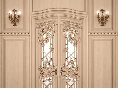Light Wooden Double Doors With Intricate Carved Decorations And Brass Candelabra Style Wall Sconces 3d model