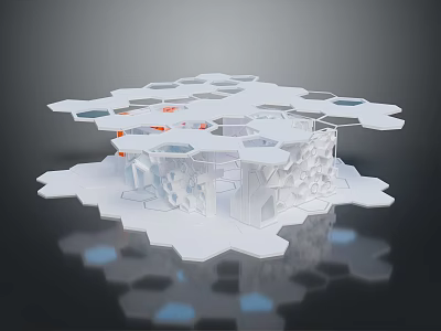 Future Architecture Geometric Design With Modular Structure White Exterior Interior Orange Accents And Reflective Base 3d model