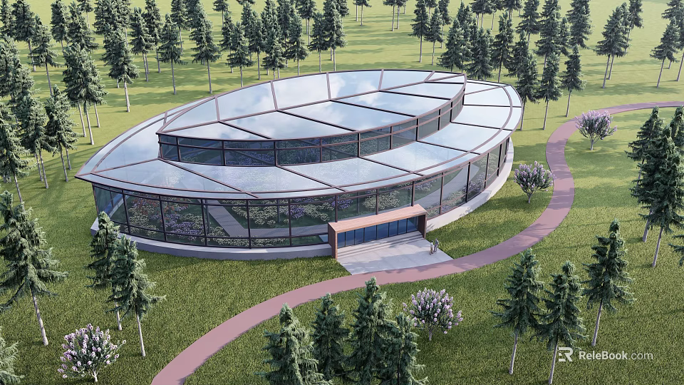 Modern Circular Glass Building Surrounded by Trees with Pathway Leading to Entrance 3d model 