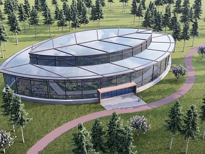 Modern Circular Glass Building Surrounded by Trees with Pathway Leading to Entrance 3d model