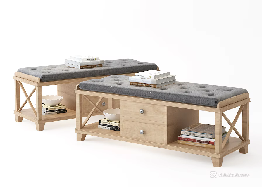 Wooden Frame Storage Bench With Gray Padded Seat And Drawer Storage Space 3d model 