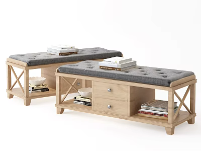 Wooden Frame Storage Bench With Gray Padded Seat And Drawer Storage Space 3d model