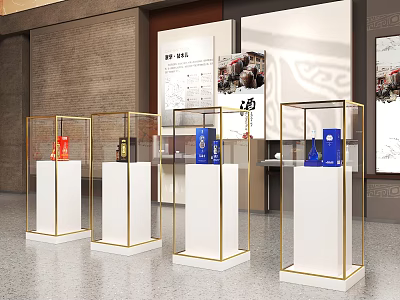 Museum Exhibition Hall With Glass Display Cases Golden Frames And White Pedestals 3d model