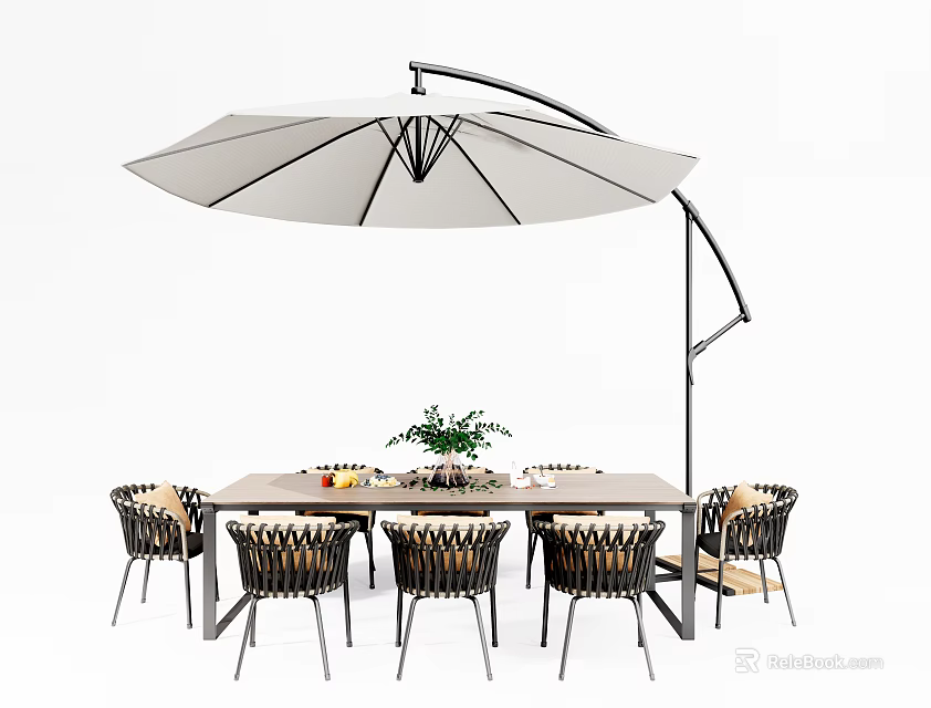 Outdoor Table and Chair Set Featuring Woven Chairs Wooden Tabletop and Large White Cantilever Umbrella 3d model 