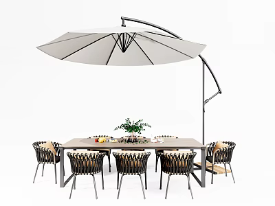 Outdoor Table and Chair Set Featuring Woven Chairs Wooden Tabletop and Large White Cantilever Umbrella 3d model