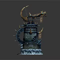 Mechanical Tower Decorative Structure With Blue Gold Accents Gears Chains And Crescent Top Icy Base