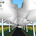 Scenic Road Facilities with Trees on Both Sides Yellow Flower Fields and Distant Mountains