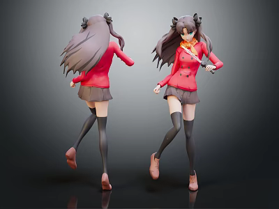 Dynamic Anime Character Figure With Red Jacket Short Skirt Black Stockings Back Front View 3d model