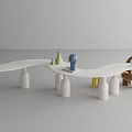Modern Curved White Kids Desk with Small Animal Figurines and Matching Chairs