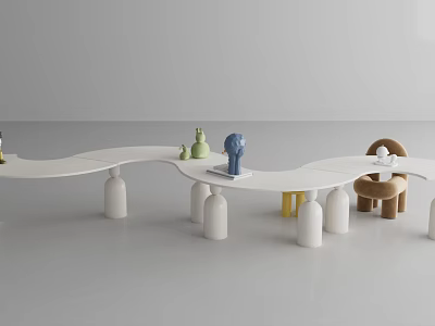 Modern Curved White Kids Desk with Small Animal Figurines and Matching Chairs 3d model