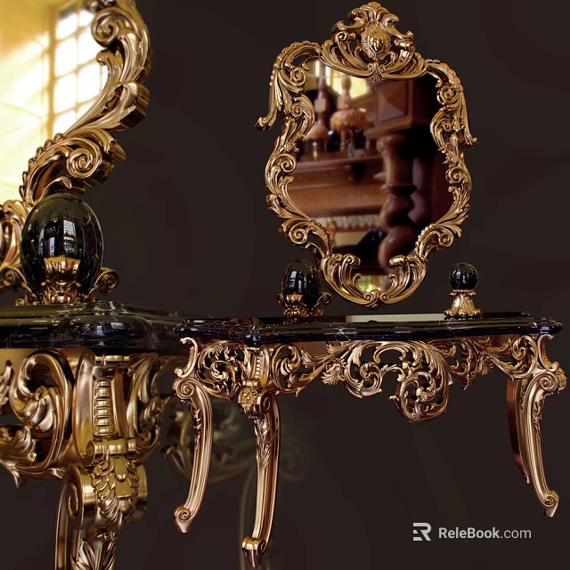 Ornate Gold Carved Console Table with Black Marble Top and Decorative Mirror 3d model 