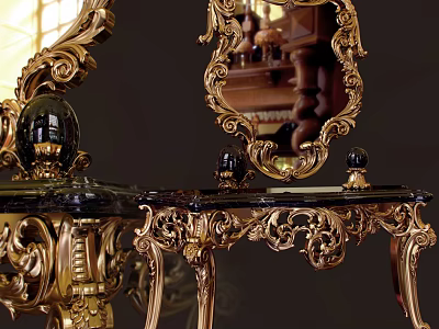 Ornate Gold Carved Console Table with Black Marble Top and Decorative Mirror 3d model