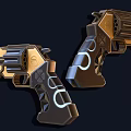 Sci Fi Style Gold And Black Pistols With Glowing Blue Components And Decorative Buttons