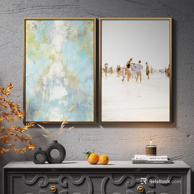Abstract Painting With Soft Blue Green Tones Hanging In Modern Home Interior Decor 3d model 