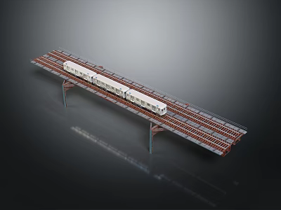 White Model Train On Elevated Railway Track With Metal Supports And Dark Background 3d model