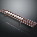 White Model Train On Elevated Railway Track With Metal Supports And Dark Background