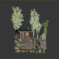 Scenic Landscape Featuring Red Cottage Green Roof Trees Rocky Cliff Small Boat And Wooden Dock