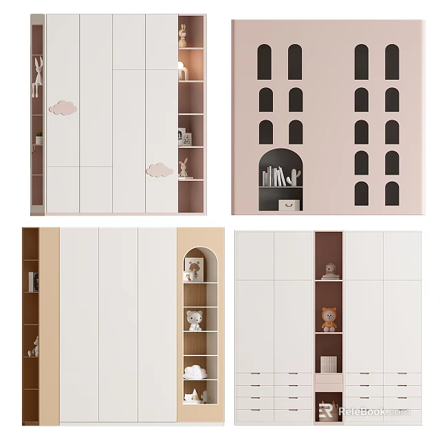 Modern Wardrobe Designs in Neutral Tones with Open Shelves Arched Compartments 3d model 