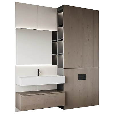 Modern Bathroom Vanity With White Sink Wooden Cabinet And Rectangular Mirror 3d model