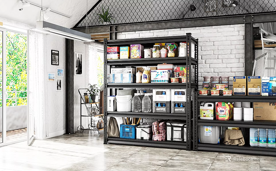 Well Organized Storage Room With Metal Shelves Filled With Food Supplies And Brick Wall Elements 3d model 