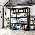 Well Organized Storage Room With Metal Shelves Filled With Food Supplies And Brick Wall Elements