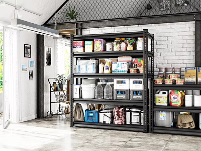 Well Organized Storage Room With Metal Shelves Filled With Food Supplies And Brick Wall Elements 3d model