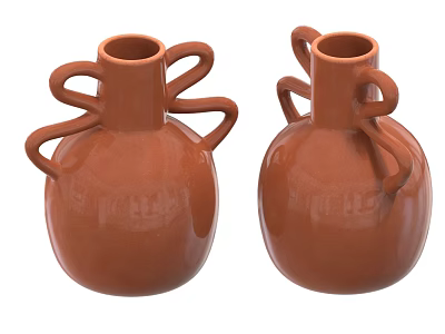Two Orange Ceramic Vases With Bow Shaped Handles And Smooth Surface 3d model