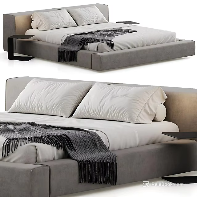 Modern Minimalist Double Bed With Gray Frame White Sheets And Gray Throw Blanket 3d model 