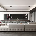 Modern Living Dining Room Interior With Sectional Sofa Decorative Shelves And Ceiling Lights