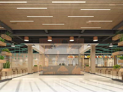 Modern Restaurant Interior With Wooden Ceiling Pendant Lights And Plant Walls 3d model