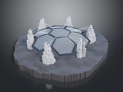 3D Circular Platform Model With Hexagonal Grid and White Tower Like Structures on Gray Base 3d model