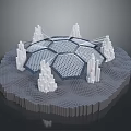3D Circular Platform Model With Hexagonal Grid and White Tower Like Structures on Gray Base 3d model