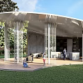 Pergola With Curved Roof White Columns Wooden Flooring Black Chairs Bar Counter And Green Lawn