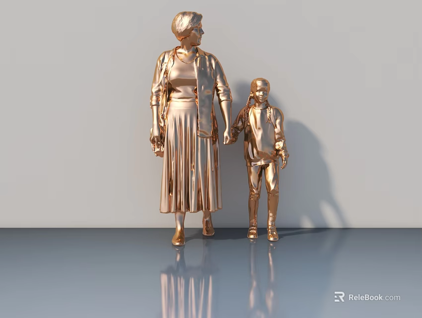 Golden Hinged Door With Adult And Child Statues Holding Hands On Light Background 3d model 