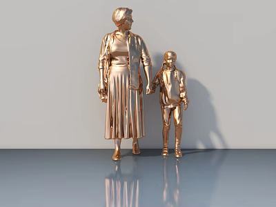 Golden Hinged Door With Adult And Child Statues Holding Hands On Light Background 3d model