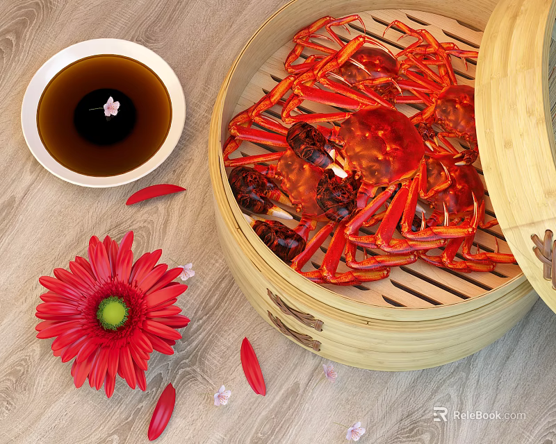 Steamed Red Crab in Bamboo Steamer with Soup and Red Flower on Wooden Table 3d model 
