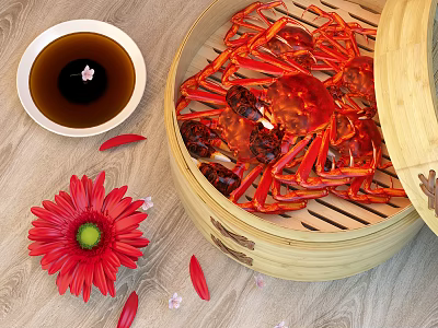 Steamed Red Crab in Bamboo Steamer with Soup and Red Flower on Wooden Table 3d model
