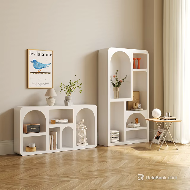 White Arched Open Decorative Cabinet With Books Vases Sculpture And Decorative Painting 3d model 