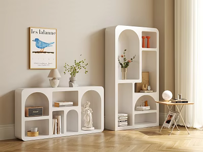 White Arched Open Decorative Cabinet With Books Vases Sculpture And Decorative Painting 3d model
